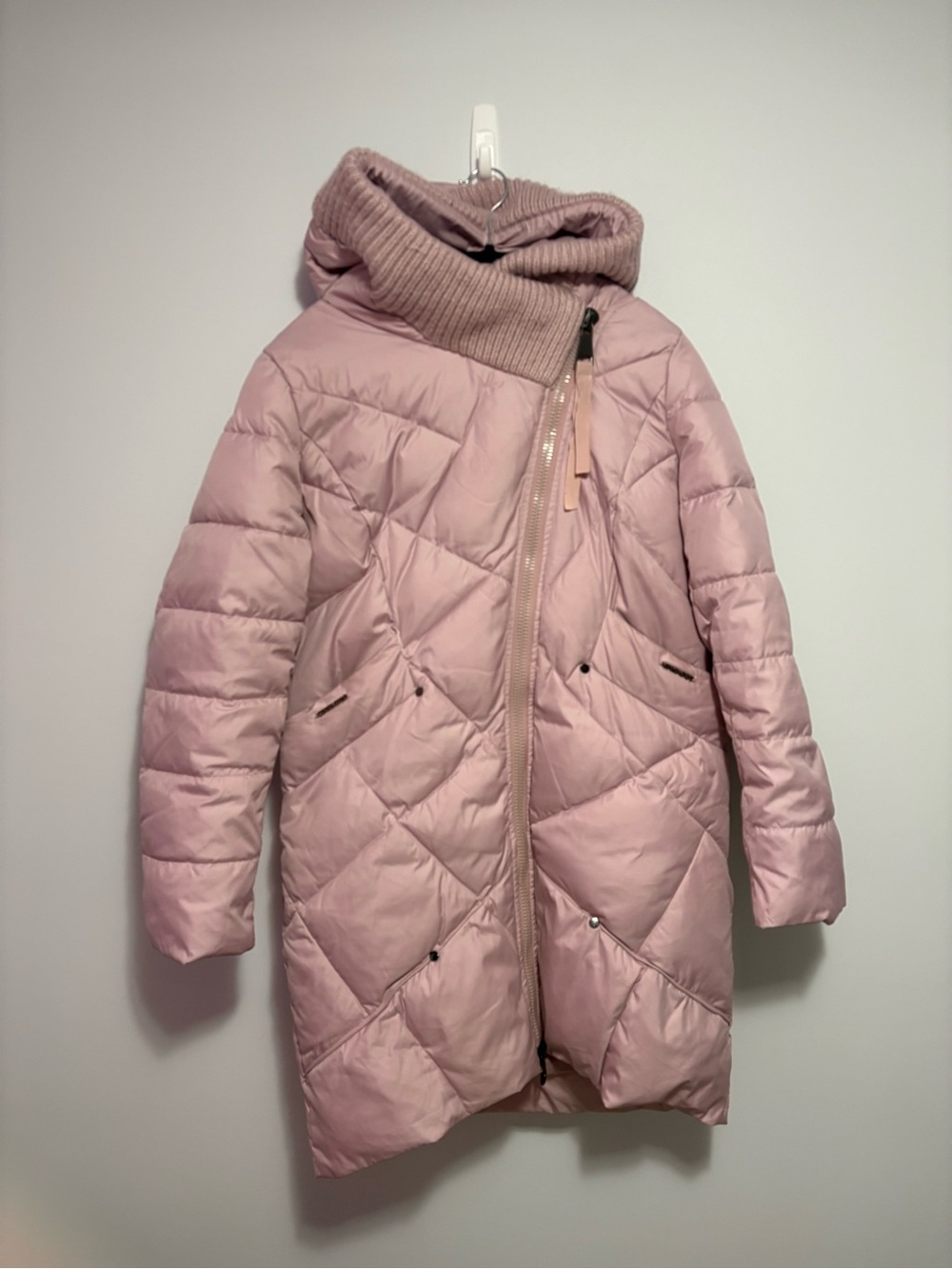 Pink Quilted Puffer Coat with Knit Collar for Women